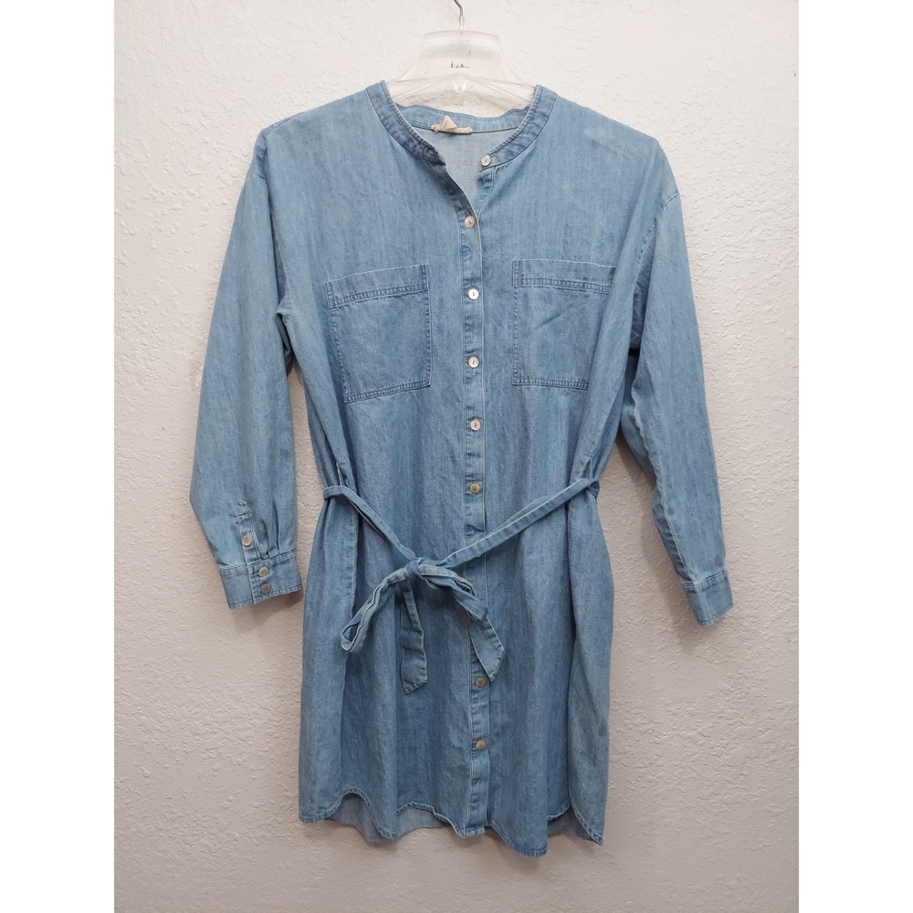 Eileen Fisher Chambray Dress Medium Blue Shirt Tie Button Up Organic Cotton
